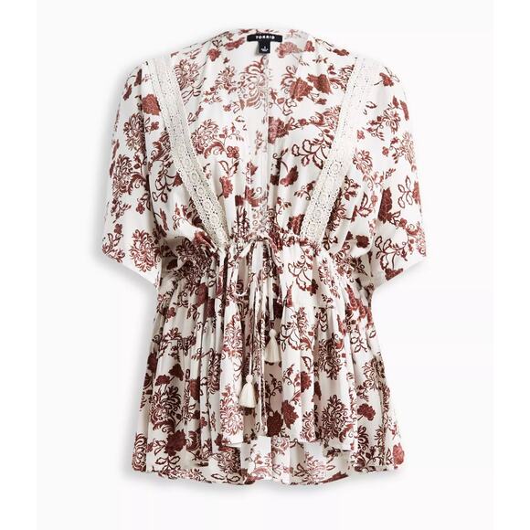 Torrid Lace Trim Tie‎ Waist Kimono Brown White Floral 5X Spring Summer Boho - Picture 2 of 7